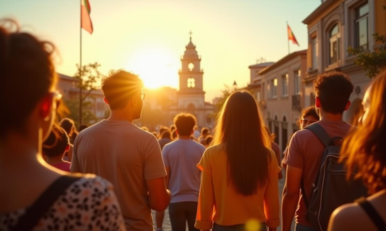 Estudiantes disfrutando una clase al aire libre frente a un icónico monumento de Guadalajara bajo el sol brillante